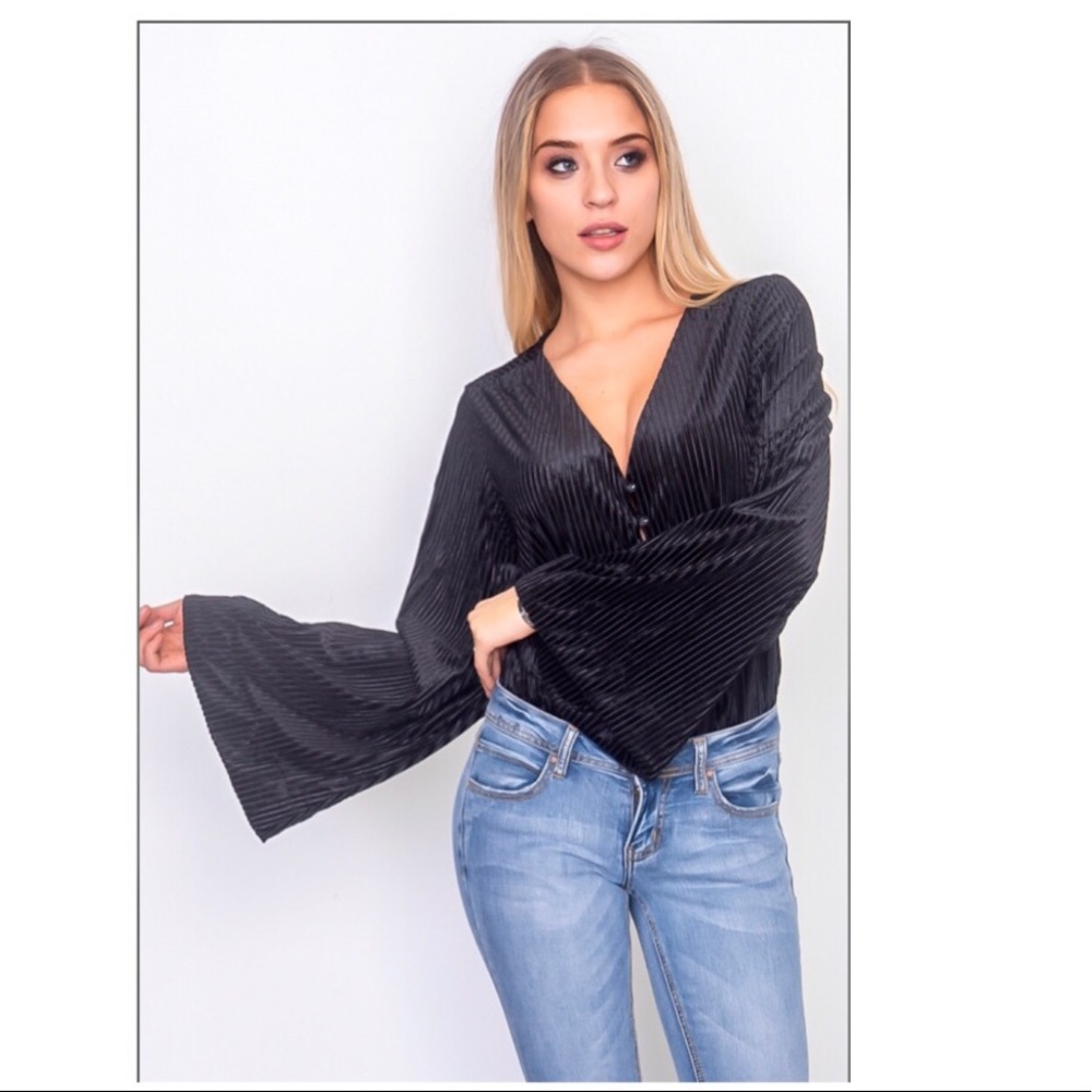 Black Velvet Button Down Bell Sleeve Bodysuit